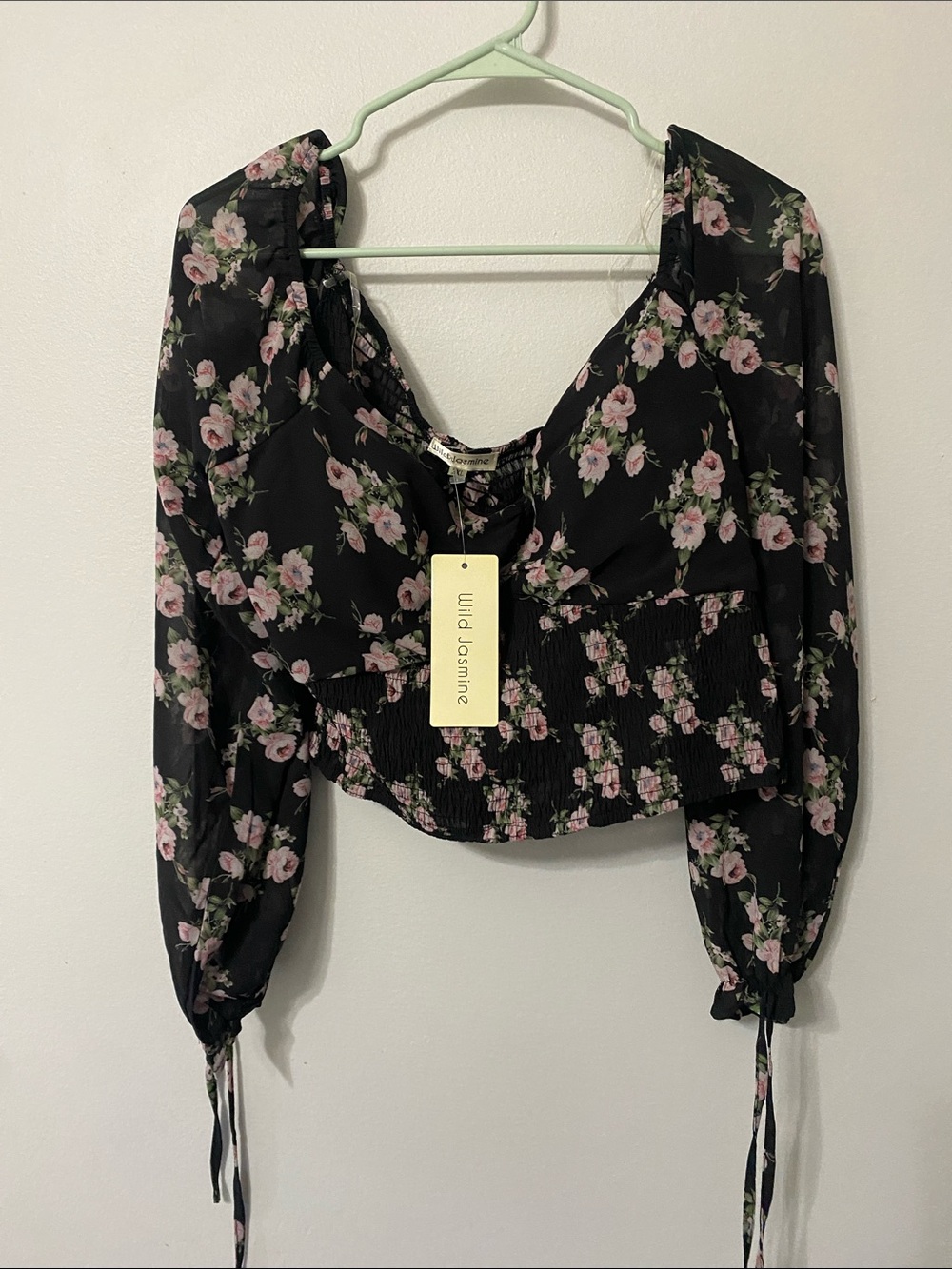 Wild Jasmine Black Pink Floral Smocked Long-Sleeve Crop Blouse